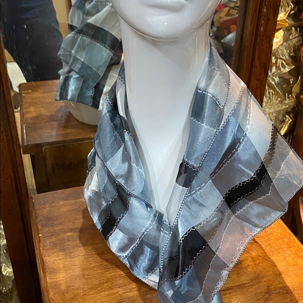 Sheer Patchwork Scarf in Black, Gray & Silver 19 x 21 inch - Picture 3 of 4